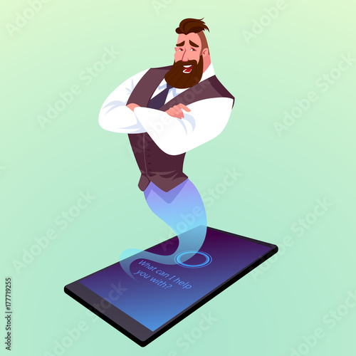 Modern smartphone with virtual assistant like a genie.