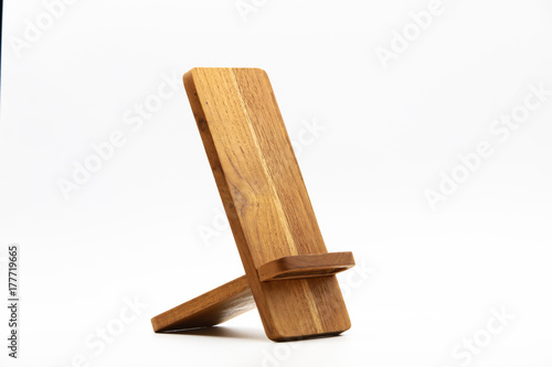Phone Holder made of teak wood isolated white back ground, phone holder design, handmade