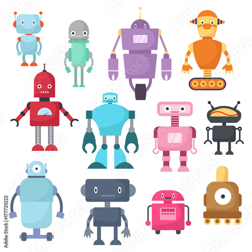 Cute cartoon robots, android and spaceman cyborg isolated vector set
