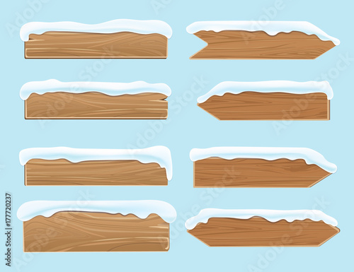 Wood banners planks covered with snow. Festive christmas vector decoration isolated