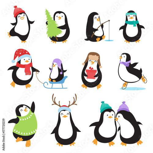Cute cartoon penguins. Winter holidays vector animals set