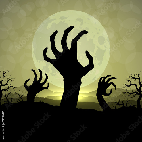 Zombi hands in Halloween night on the moon background