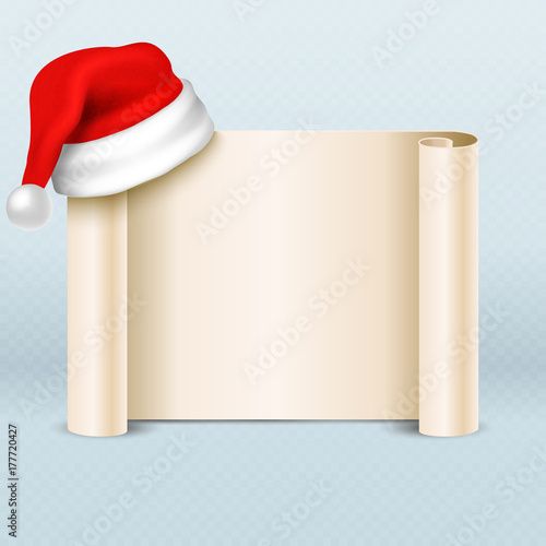 Blank paper parchment scroll with santa claus red hat. Xmas holiday card vector template