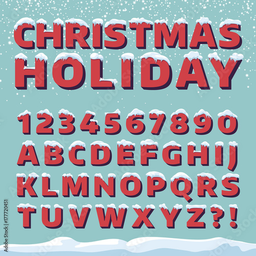 Christmas holiday vector font. Retro 3d letters with snow caps