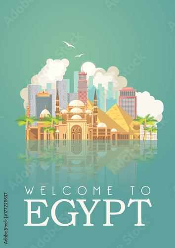 Egypt travel vector. Egyptian traditional icons in flat design. Holiday banner. Vacation and summer.