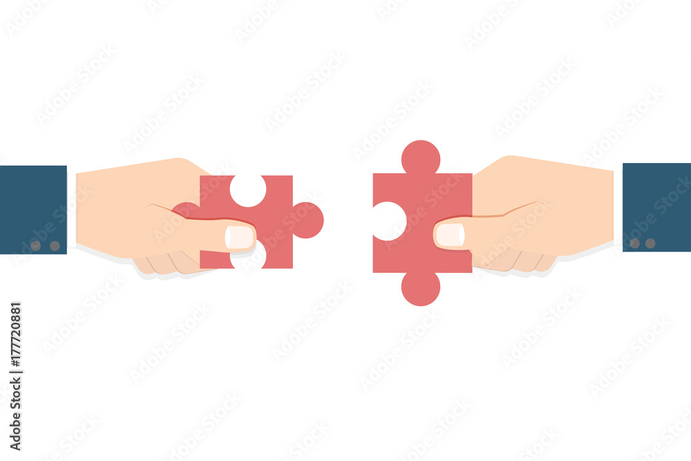 Businessman hands holding puzzle. Teamwork concept. Vector illustration in flat style Businessman hands holding puzzle. Teamwork concept. Vector illustration in flat style