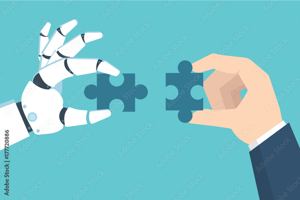 Robot and Businessman Hand holding puzzle. Partnership with a robot concept. Vector illustration in flat style