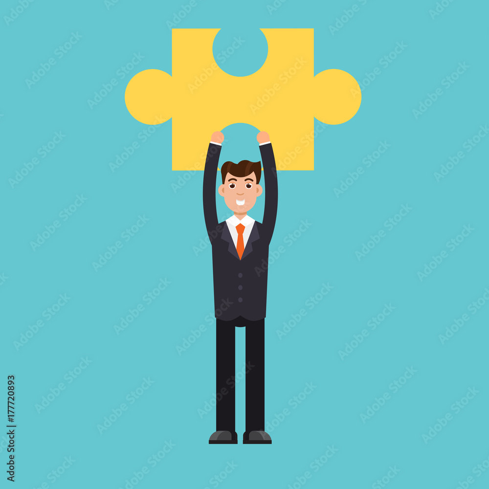 Businessman holding puzzle. Problem and solution concept. Vector illustration in flat style Businessman holding puzzle. Problem and solution concept. Vector illustration in flat style