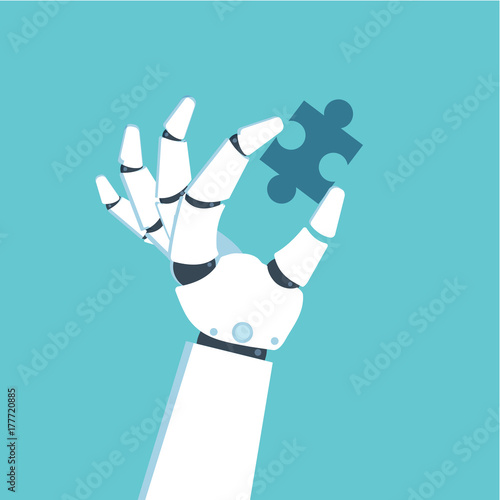  Robot Hand holding puzzle. Problem and solution concept.  Vector illustration in flat style