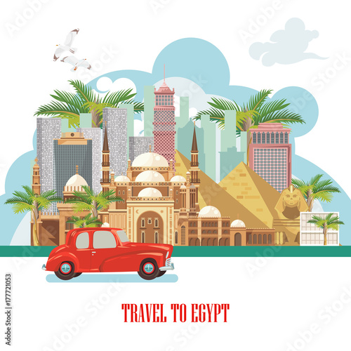 Egypt travel vector. Egyptian traditional icons in flat design. Holiday banner. Vacation and summer.