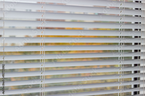 Fragment of the white Venetian blinds on a window