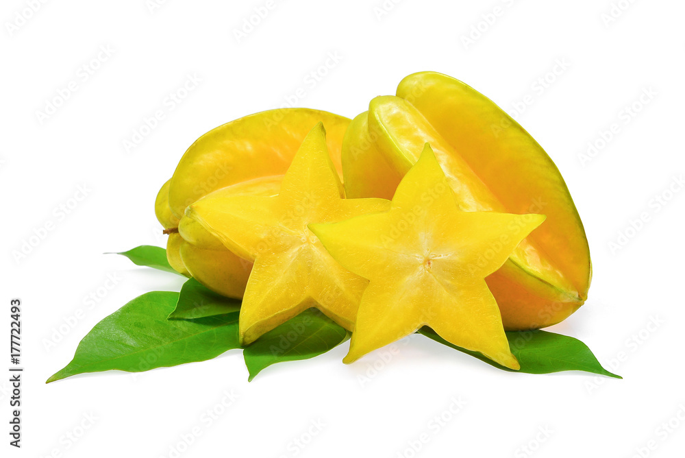 star apple fruit with green leaves isolated on white background star apple fruit with green leaves isolated on white background