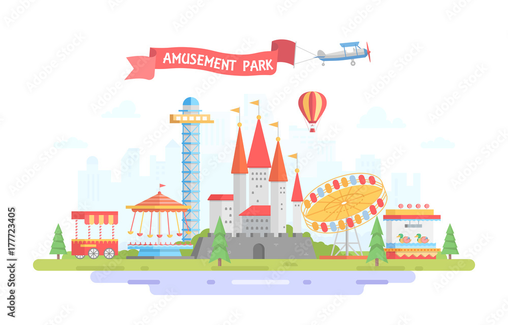 City with amusement park - modern flat design style vector illustration