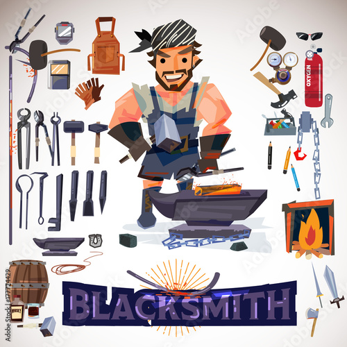 Blacksmith character design with metalwork tools. typographic for header. infographic. icon elements - vector illustration