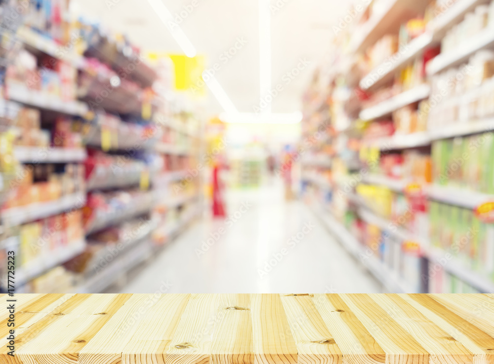 Supermarket or retail store blur background. That is a self-service shop offer grocery and variety of food, beverage and household product on shelf or rack. For shopping background or product display.