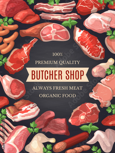 Food pictures set. Illustrations of meat. Poster for butcher shop