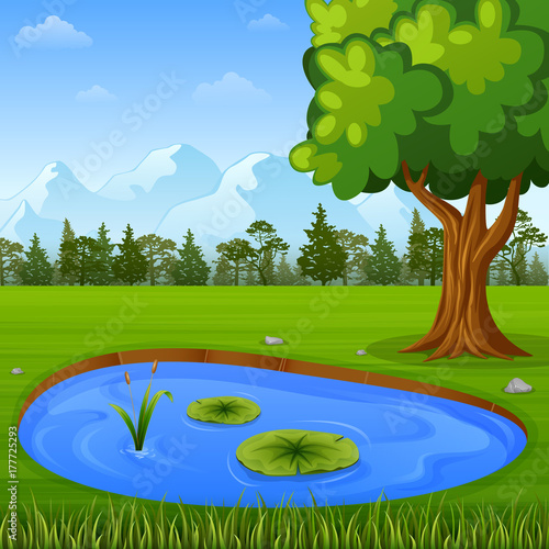 Beautiful nature landscape with mountains and water pond