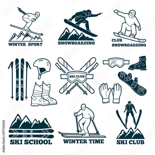 Labels set for club of skier. Silhouette of ski sportsmen. Symbols of winter sport for logos design