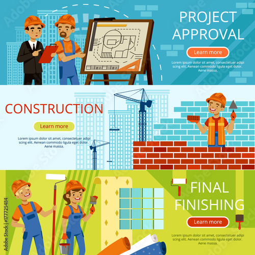 Concept pictures of construction steps. Project of building. Different worker equipment. Engineers and builders