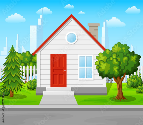 Suburban house with trees and city background