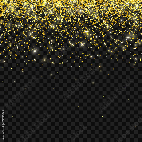 Gold glitter on dark transparent background, falling particles. Vector
