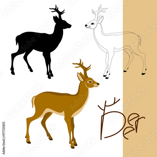 deer vector illustration flat style profile side black silhouette line drawing