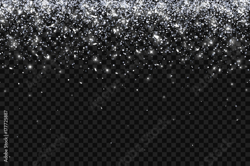 Silver falling particles on transparent background, horizontal orientation. Vector