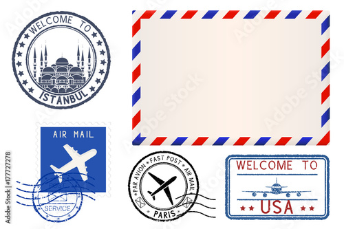 Collection of postal elements. Blank envelope, stamps and postmarks