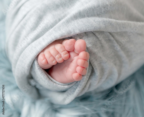 Close-up photo of bare feet of newborn baby in plaid. © tan4ikk