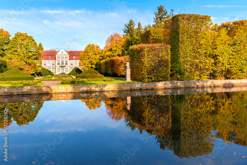 Abbots Palace built in the rococo style and located in Oliwa park. Autumn scenery. Gdansk, Poland.