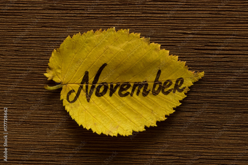 Naklejka premium Golden linden leaf with the inscription NOVEMBER on the brown wooden background. Close up.