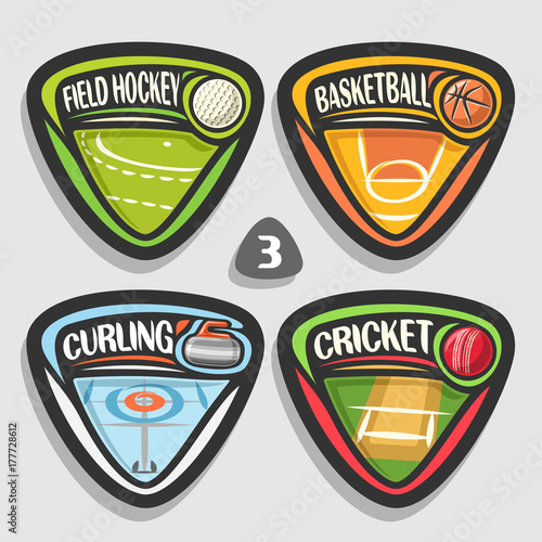 Vector set of sport logos, 4 triangle simple badges with balls, sports signs of minimal design with game equipment for sporting club or school, original type for title words of different kind of sport