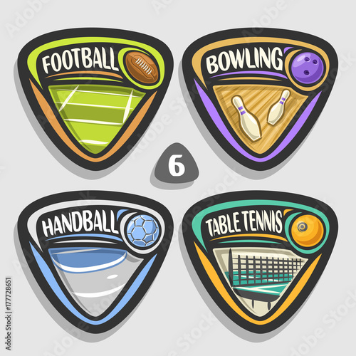 Vector set of sport logos, 4 triangle simple badges with balls, sports signs of minimal design with game equipment for sporting club or school, original type for title words of different kind of sport