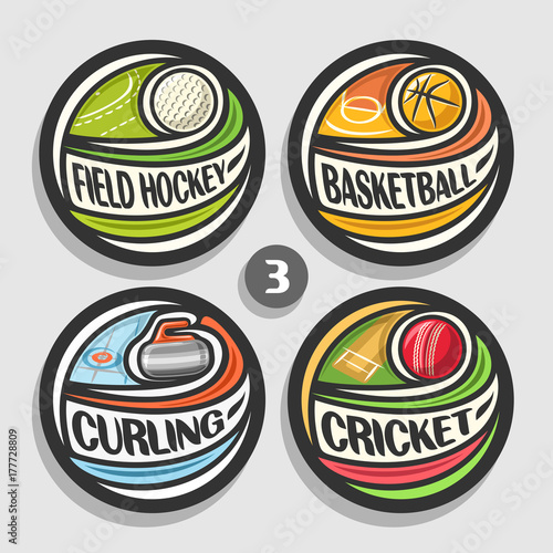 Vector set of sport logos, 4 round simple badges with flying ball on curved trajectory, circle sports signs of minimal design with games equipment, original type for words of different kind of sport.