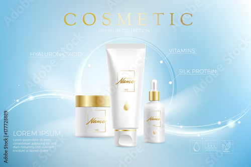 Advertising poster for cosmetic product for catalog, magazine. Vector design of cosmetic patskage. Moisturizing cream, gel, body lotion with vitamins. Vector illustration with isolated objects