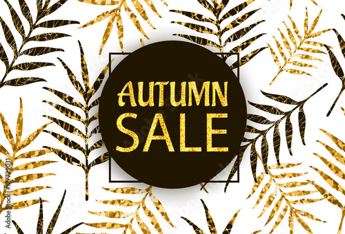 Autumn Sale background with gold text and creative leaves.