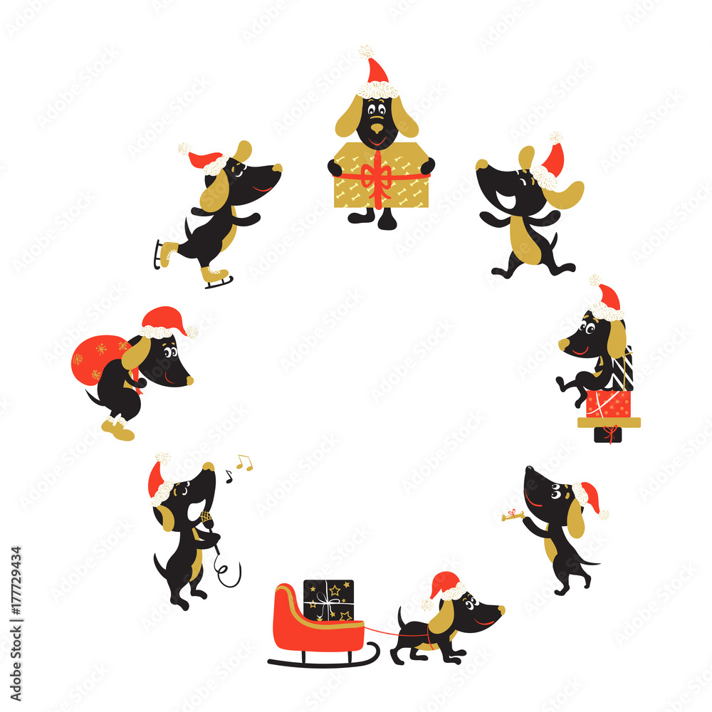 Round frame with funny dogs in Christmas hats Round frame with funny dogs in Christmas hats