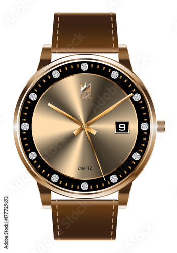 Gold wristwatch diamond brown leather strap luxury on white background vector illustration.