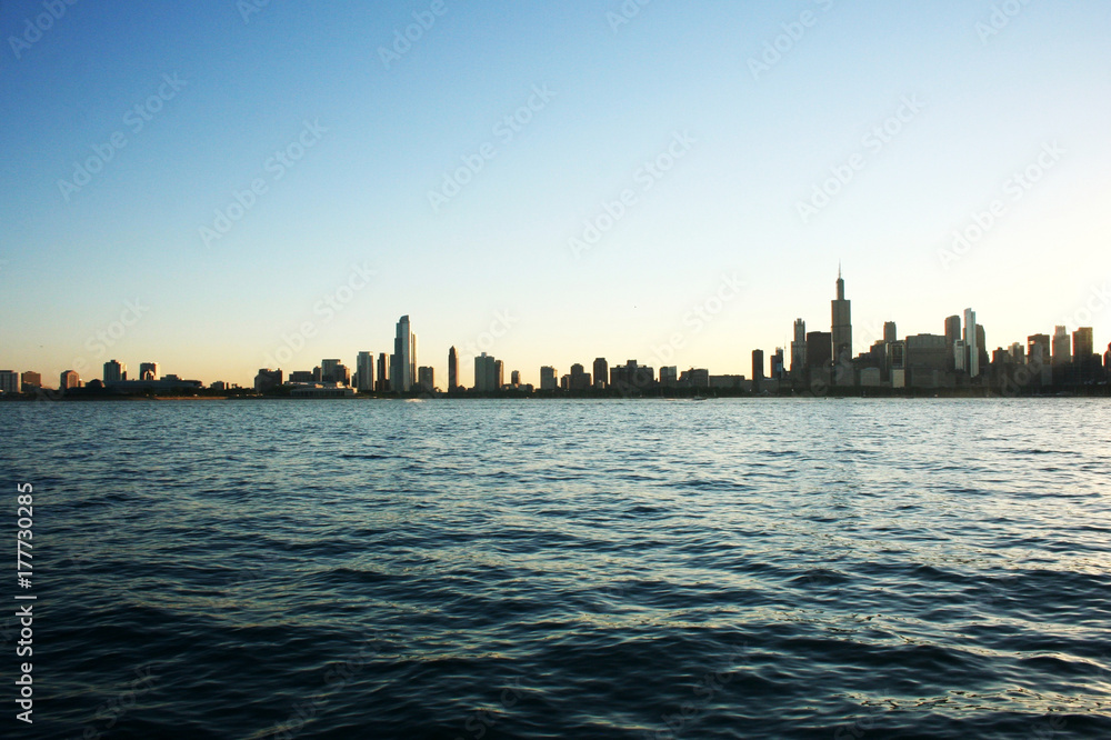 Chicago city skyline at sunset from the water