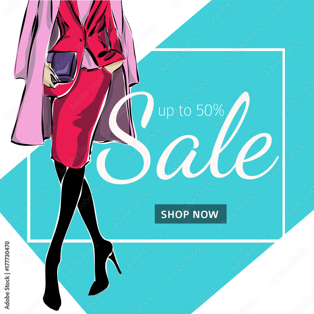 Vecteur Stock Fashion sale banner with woman fashion silhouette online shopping social media ads web template with beautiful girl. Vector illustration Adobe Stock