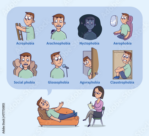 The most common human phobias. Fear of heights, darkness, flying, spiders, closed spaces, public speaking and others. The young man on reception at psychologist. Vector Illustration.