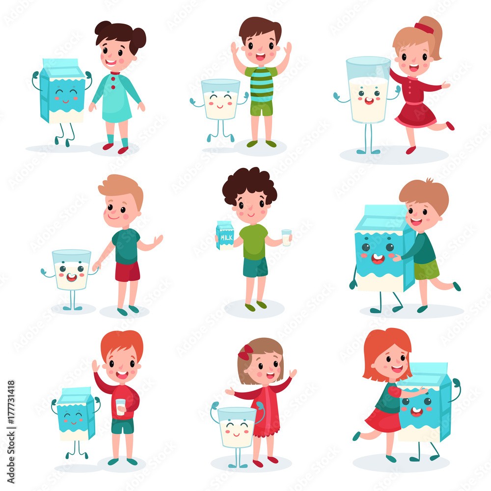 Cute little kids playing and having fun with happy humanized boxes and mugs of milk set, healthy food for childrens cartoon vector illustrations