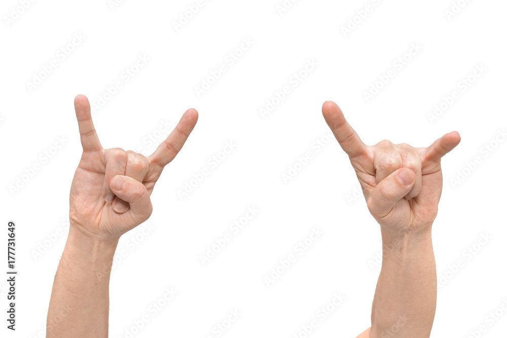 Two hands gesture with horns. Isolated white background Two hands gesture with horns. Isolated white background