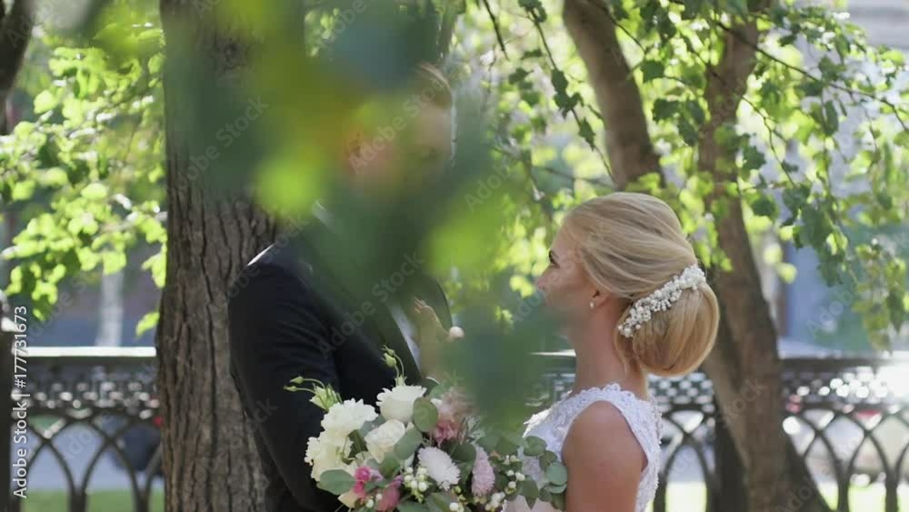 the bride and groom walking in the Park in the summer. kiss and hug the bride and groom walking in the Park in the summer. kiss and hug