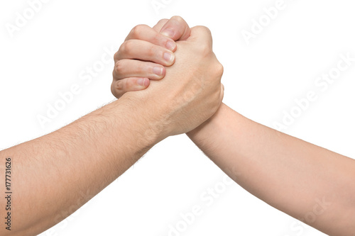 Two hands in a wrestling arm. Isolated white background