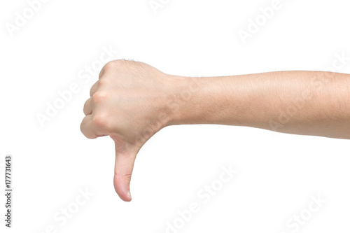 Hand with thumb down. Isolated white background