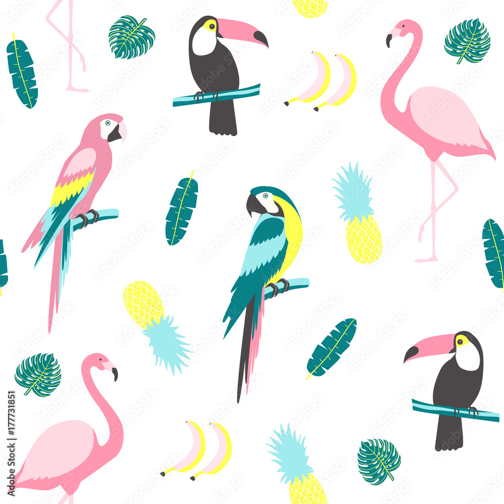 Tropical seamless pattern with toucan, flamingos, parrot, cactuses and exotic leaves.  Vector illustration