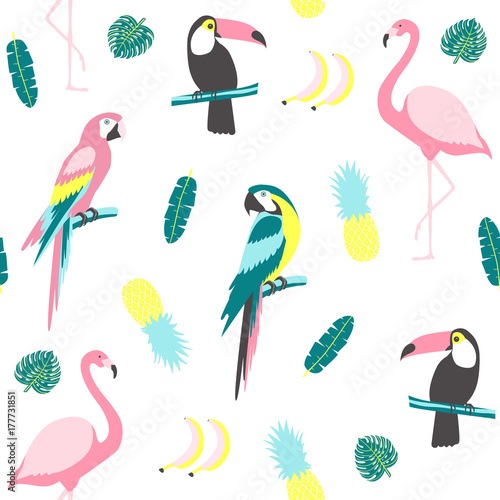 Фототапет Tropical seamless pattern with toucan, flamingos, parrot, cactuses and exotic leaves