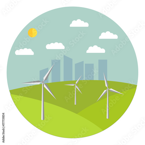 Wind turbine plant electricity generator. Modern factory green energy industrial.Renewable eco friendly source energy.Vector illustration in flat style.Design concept for the websites.

