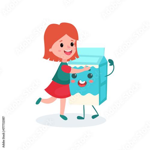 Lovely redhead girl hugging humanized cardboard box of milk, healthy food for kid cartoon vector illustration